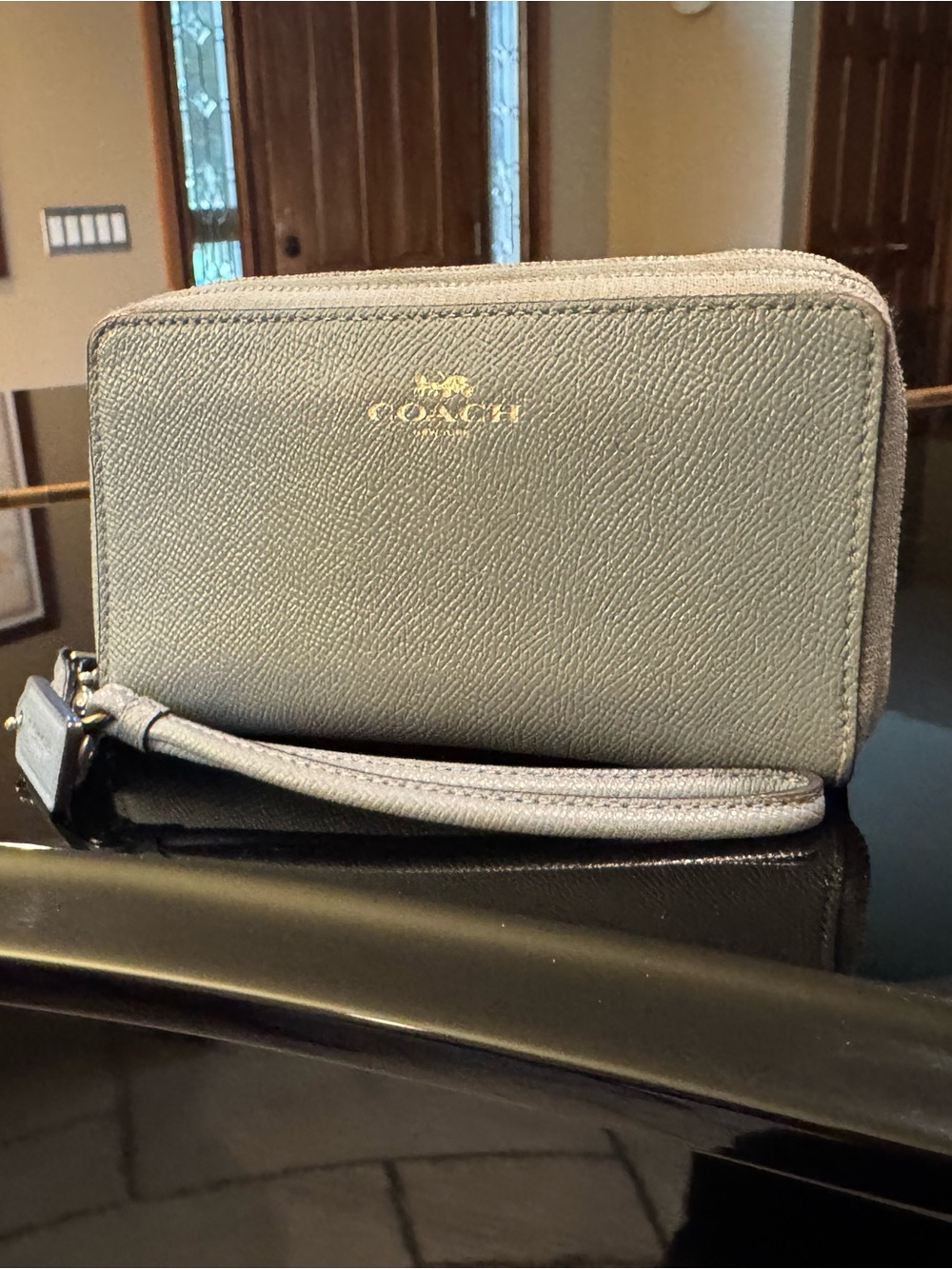 Coach Light Gray Pebble Leather Zip Wallet Wristlet